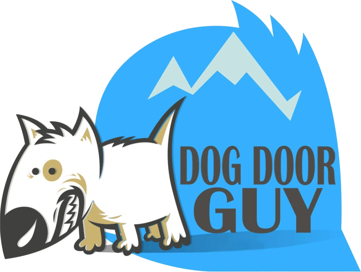 A dog that is standing up in front of the words " dog door guy ".
