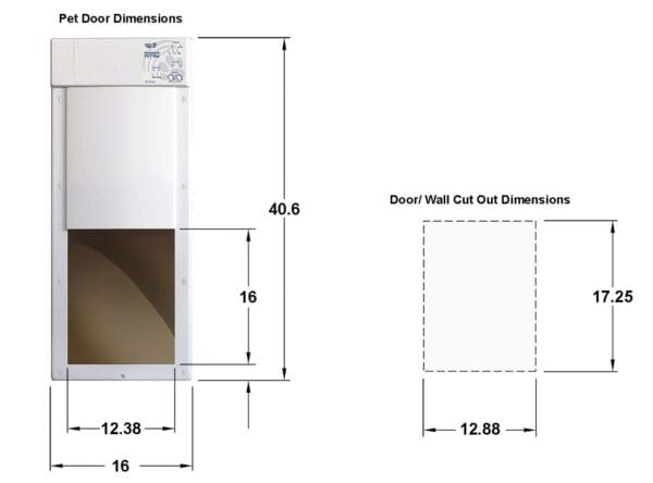 A drawing of the door and wall dimensions for a white cabinet.